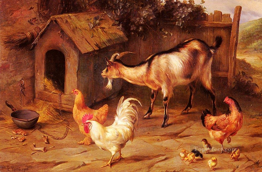 Fowl Chicks And Goats By A Dog Kennel poultry livestock barn Edgar Hunt Oil Paintings